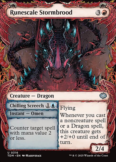 Flying
Whenever you cast a noncreature spell or a Dragon spell, this creature gets +2/+0 until end of turn.   Counter target spell with mana value 2 or less. (Then shuffle this card into its owner's library.)