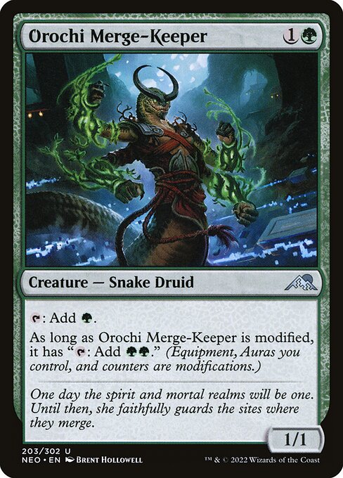 {T}: Add {G}.
As long as Orochi Merge-Keeper is modified, it has "{T}: Add {G}{G}." (Equipment, Auras you control, and counters are modifications.)