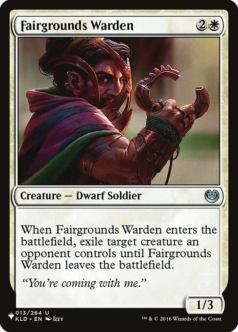 When Fairgrounds Warden enters, exile target creature an opponent controls until Fairgrounds Warden leaves the battlefield.