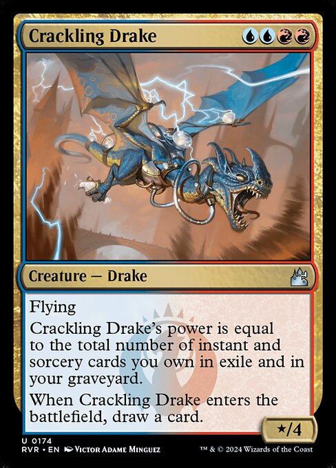 Flying
Crackling Drake's power is equal to the total number of instant and sorcery cards you own in exile and in your graveyard.
When Crackling Drake enters the battlefield, draw a card.