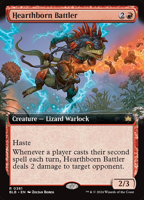 Haste
Whenever a player casts their second spell each turn, Hearthborn Battler deals 2 damage to target opponent.