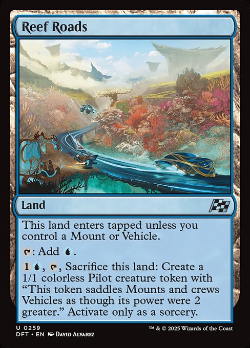 This land enters tapped unless you control a Mount or Vehicle.
{T}: Add {U}.
{1}{U}, {T}, Sacrifice this land: Create a 1/1 colorless Pilot creature token with "This token saddles Mounts and crews Vehicles as though its power were 2 greater." Activate only as a sorcery.