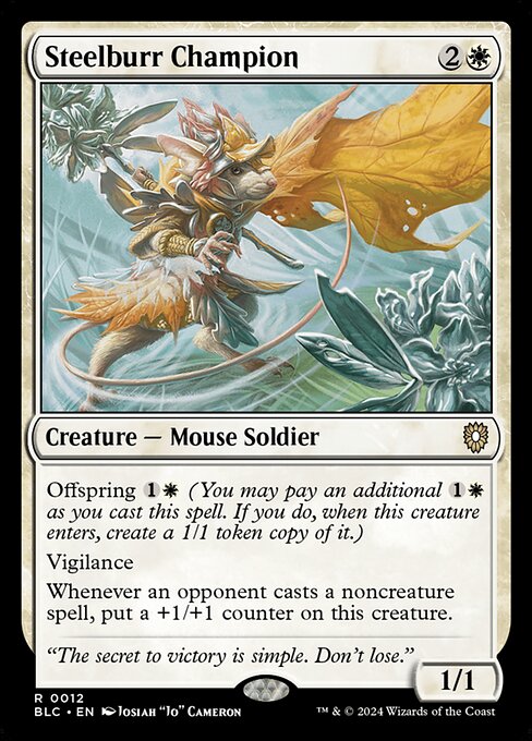 Offspring {1}{W} (You may pay an additional {1}{W} as you cast this spell. If you do, when this creature enters, create a 1/1 token copy of it.)
Vigilance
Whenever an opponent casts a noncreature spell, put a +1/+1 counter on this creature.