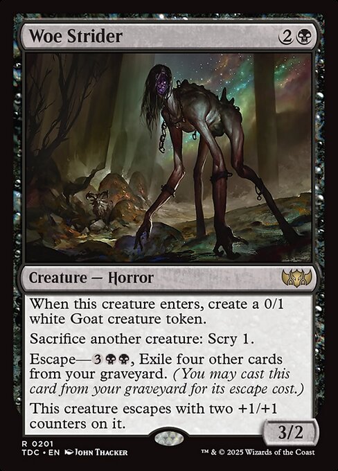 When this creature enters, create a 0/1 white Goat creature token.
Sacrifice another creature: Scry 1.
Escape—{3}{B}{B}, Exile four other cards from your graveyard. (You may cast this card from your graveyard for its escape cost.)
This creature escapes with two +1/+1 counters on it.