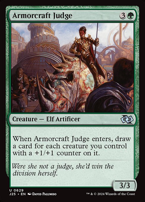 When Armorcraft Judge enters, draw a card for each creature you control with a +1/+1 counter on it.