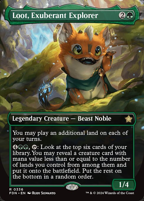 You may play an additional land on each of your turns.
{4}{G}{G}, {T}: Look at the top six cards of your library. You may reveal a creature card with mana value less than or equal to the number of lands you control from among them and put it onto the battlefield. Put the rest on the bottom in a random order.