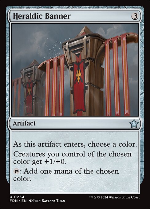 As Heraldic Banner enters, choose a color.
Creatures you control of the chosen color get +1/+0.
{T}: Add one mana of the chosen color.