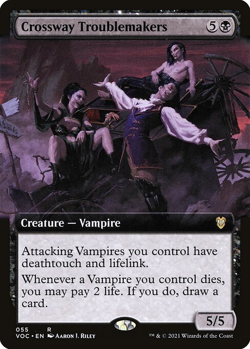 Attacking Vampires you control have deathtouch and lifelink.
Whenever a Vampire you control dies, you may pay 2 life. If you do, draw a card.