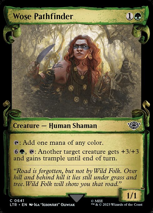 {T}: Add one mana of any color.
{6}{G}, {T}: Another target creature gets +3/+3 and gains trample until end of turn.