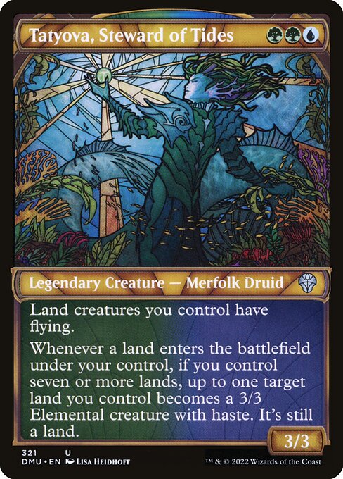 Land creatures you control have flying.
Whenever a land enters the battlefield under your control, if you control seven or more lands, up to one target land you control becomes a 3/3 Elemental creature with haste. It's still a land.