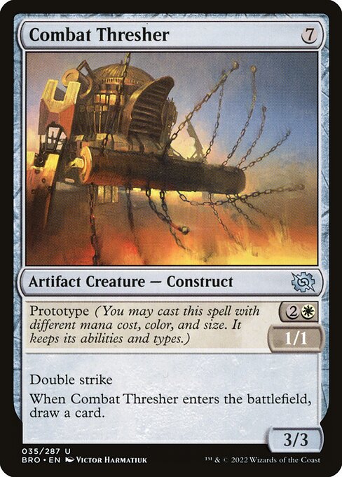 Prototype {2}{W} — 1/1 (You may cast this spell with different mana cost, color, and size. It keeps its abilities and types.)
Double strike
When Combat Thresher enters the battlefield, draw a card.