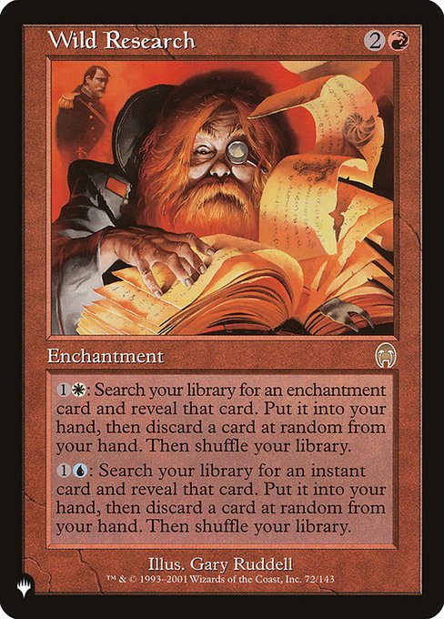 {1}{W}: Search your library for an enchantment card and reveal that card. Put it into your hand, then discard a card at random. Then shuffle.
{1}{U}: Search your library for an instant card and reveal that card. Put it into your hand, then discard a card at random. Then shuffle.