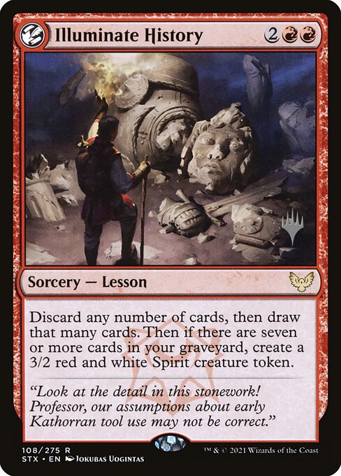 Discard any number of cards, then draw that many cards. Then if there are seven or more cards in your graveyard, create a 3/2 red and white Spirit creature token.