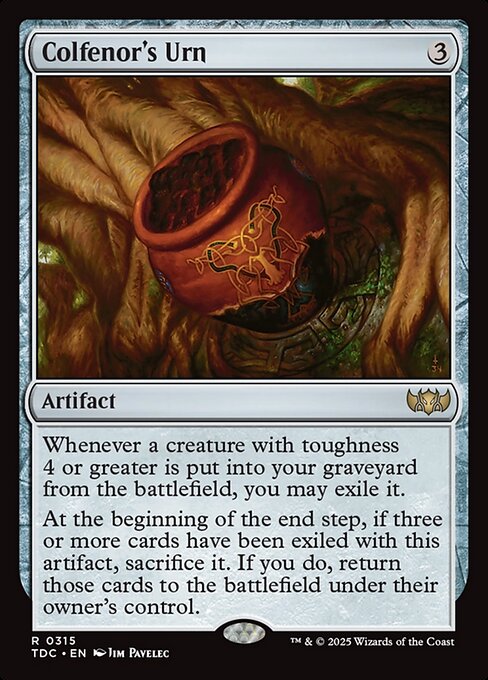 Whenever a creature with toughness 4 or greater is put into your graveyard from the battlefield, you may exile it.
At the beginning of the end step, if three or more cards have been exiled with this artifact, sacrifice it. If you do, return those cards to the battlefield under their owner's control.