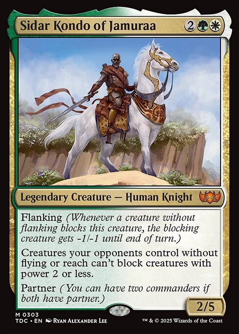 Flanking (Whenever a creature without flanking blocks this creature, the blocking creature gets -1/-1 until end of turn.)
Creatures your opponents control without flying or reach can't block creatures with power 2 or less.
Partner (You can have two commanders if both have partner.)
