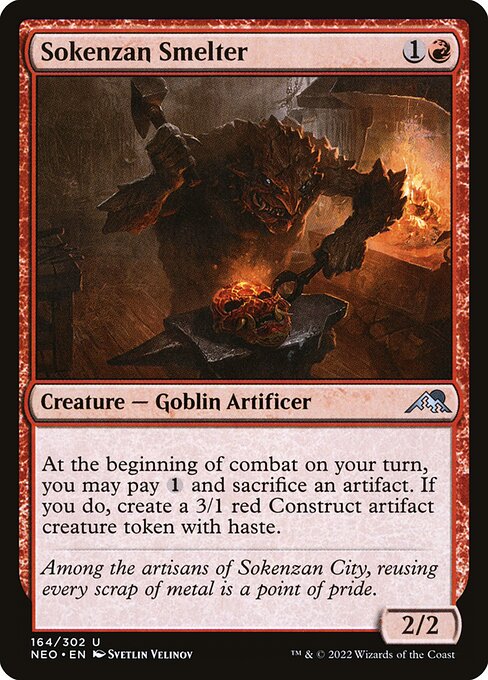 At the beginning of combat on your turn, you may pay {1} and sacrifice an artifact. If you do, create a 3/1 red Construct artifact creature token with haste.