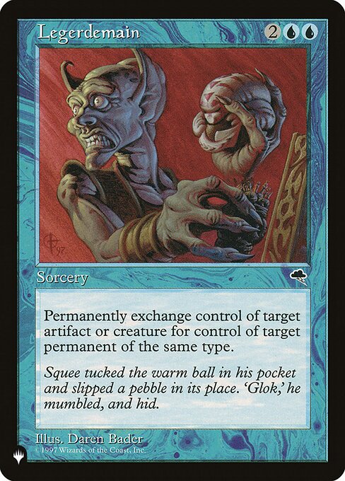 Exchange control of target artifact or creature and another target permanent that shares one of those types with it. (This effect lasts indefinitely.)