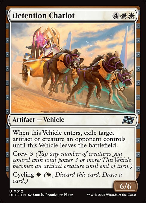 When this Vehicle enters, exile target artifact or creature an opponent controls until this Vehicle leaves the battlefield.
Crew 3 (Tap any number of creatures you control with total power 3 or more: This Vehicle becomes an artifact creature until end of turn.)
Cycling {W} ({W}, Discard this card: Draw a card.)