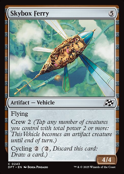 Flying
Crew 2 (Tap any number of creatures you control with total power 2 or more: This Vehicle becomes an artifact creature until end of turn.)
Cycling {2} ({2}, Discard this card: Draw a card.)