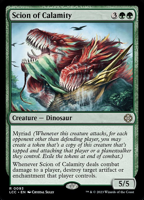 Myriad (Whenever this creature attacks, for each opponent other than defending player, you may create a token copy that's tapped and attacking that player or a planeswalker they control. Exile the tokens at end of combat.)
Whenever this creature deals combat damage to a player, destroy target artifact or enchantment that player controls.