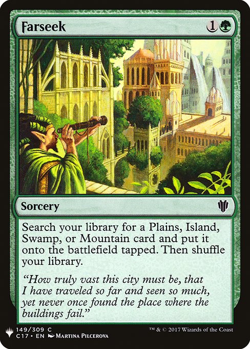 Search your library for a Plains, Island, Swamp, or Mountain card, put it onto the battlefield tapped, then shuffle.