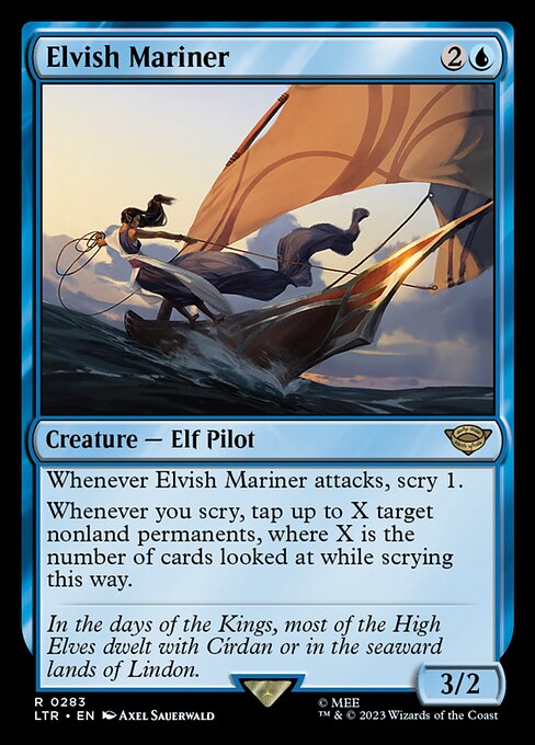 Whenever Elvish Mariner attacks, scry 1.
Whenever you scry, tap up to X target nonland permanents, where X is the number of cards looked at while scrying this way.