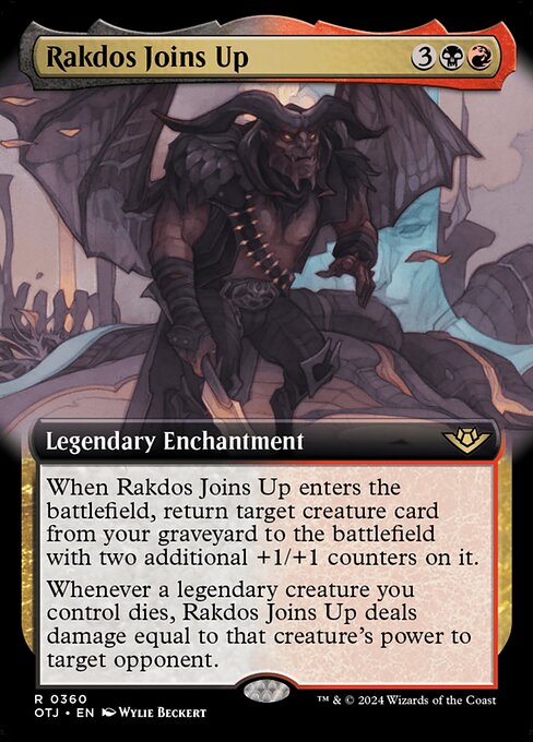 When Rakdos Joins Up enters the battlefield, return target creature card from your graveyard to the battlefield with two additional +1/+1 counters on it.
Whenever a legendary creature you control dies, Rakdos Joins Up deals damage equal to that creature's power to target opponent.