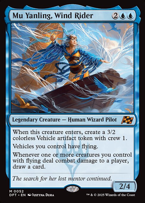 When this creature enters, create a 3/2 colorless Vehicle artifact token with crew 1.
Vehicles you control have flying.
Whenever one or more creatures you control with flying deal combat damage to a player, draw a card.