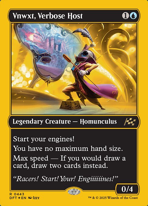 Start your engines! (If you have no speed, it starts at 1. It increases once on each of your turns when an opponent loses life. Max speed is 4.)
You have no maximum hand size.
Max speed — If you would draw a card, draw two cards instead.