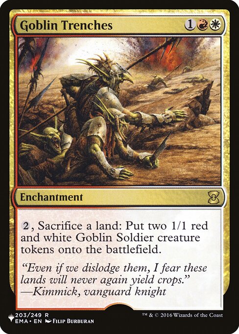 {2}, Sacrifice a land: Create two 1/1 red and white Goblin Soldier creature tokens.