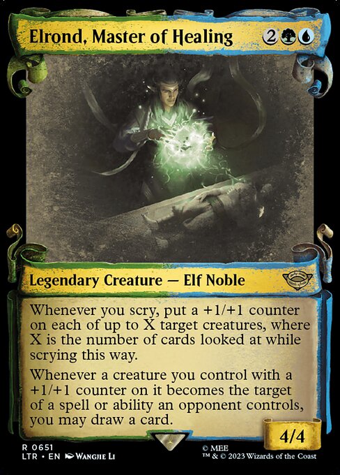 Whenever you scry, put a +1/+1 counter on each of up to X target creatures, where X is the number of cards looked at while scrying this way.
Whenever a creature you control with a +1/+1 counter on it becomes the target of a spell or ability an opponent controls, you may draw a card.