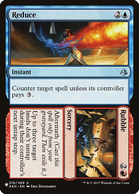 Counter target spell unless its controller pays {3}.   Aftermath (Cast this spell only from your graveyard. Then exile it.)
Up to three target lands don't untap during their controller's next untap step.