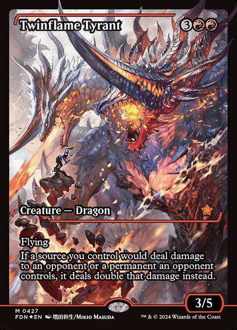 Flying
If a source you control would deal damage to an opponent or a permanent an opponent controls, it deals double that damage instead.
