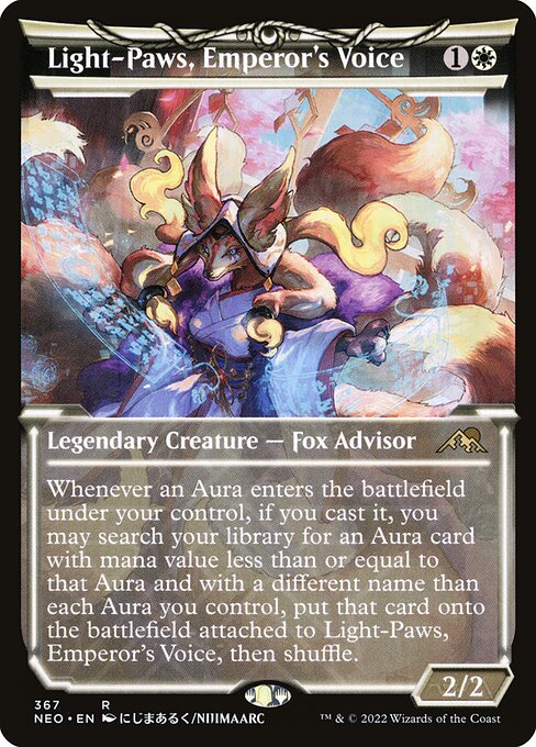 Whenever an Aura enters the battlefield under your control, if you cast it, you may search your library for an Aura card with mana value less than or equal to that Aura and with a different name than each Aura you control, put that card onto the battlefield attached to Light-Paws, Emperor's Voice, then shuffle.