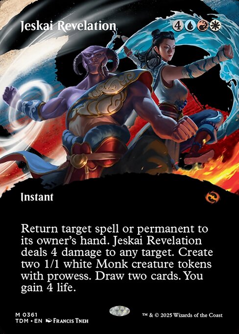 Return target spell or permanent to its owner's hand. Jeskai Revelation deals 4 damage to any target. Create two 1/1 white Monk creature tokens with prowess. Draw two cards. You gain 4 life.