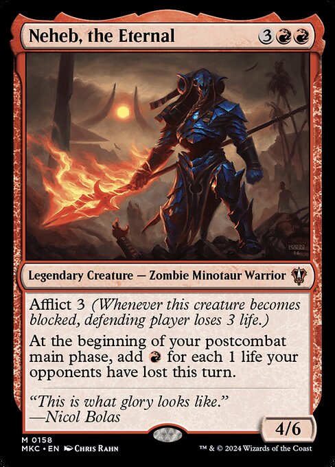 Afflict 3 (Whenever this creature becomes blocked, defending player loses 3 life.)
At the beginning of your postcombat main phase, add {R} for each 1 life your opponents have lost this turn.