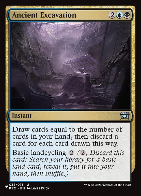 Draw cards equal to the number of cards in your hand, then discard a card for each card drawn this way.
Basic landcycling {2} ({2}, Discard this card: Search your library for a basic land card, reveal it, put it into your hand, then shuffle.)