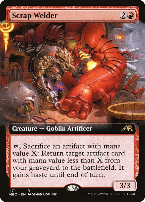 {T}, Sacrifice an artifact with mana value X: Return target artifact card with mana value less than X from your graveyard to the battlefield. It gains haste until end of turn.