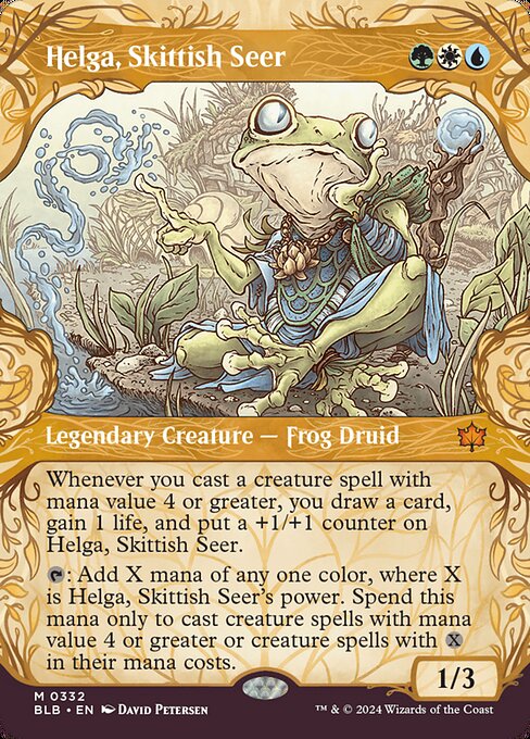 Whenever you cast a creature spell with mana value 4 or greater, you draw a card, gain 1 life, and put a +1/+1 counter on Helga, Skittish Seer.
{T}: Add X mana of any one color, where X is Helga, Skittish Seer's power. Spend this mana only to cast creature spells with mana value 4 or greater or creature spells with {X} in their mana costs.