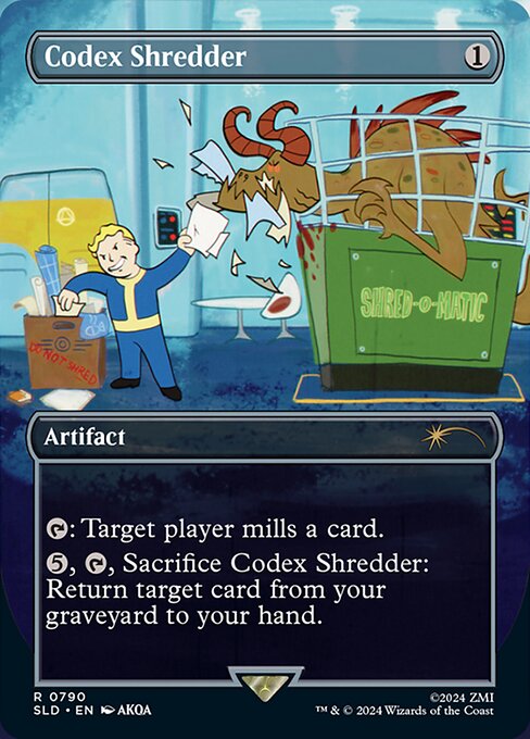 {T}: Target player mills a card. (They put the top card of their library into their graveyard.)
{5}, {T}, Sacrifice Codex Shredder: Return target card from your graveyard to your hand.