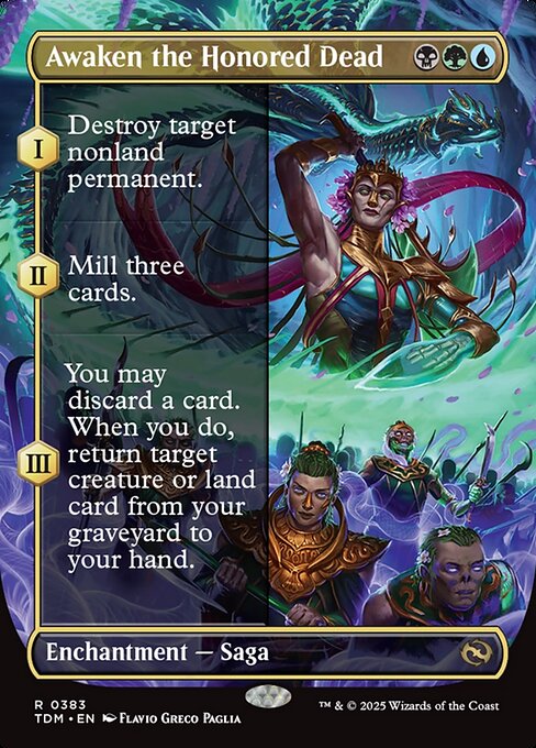 (As this Saga enters and after your draw step, add a lore counter. Sacrifice after III.)
I — Destroy target nonland permanent.
II — Mill three cards.
III — You may discard a card. When you do, return target creature or land card from your graveyard to your hand.