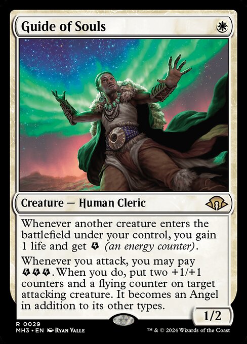 Whenever another creature enters the battlefield under your control, you gain 1 life and get {E} (an energy counter).
Whenever you attack, you may pay {E}{E}{E}. When you do, put two +1/+1 counters and a flying counter on target attacking creature. It becomes an Angel in addition to its other types.