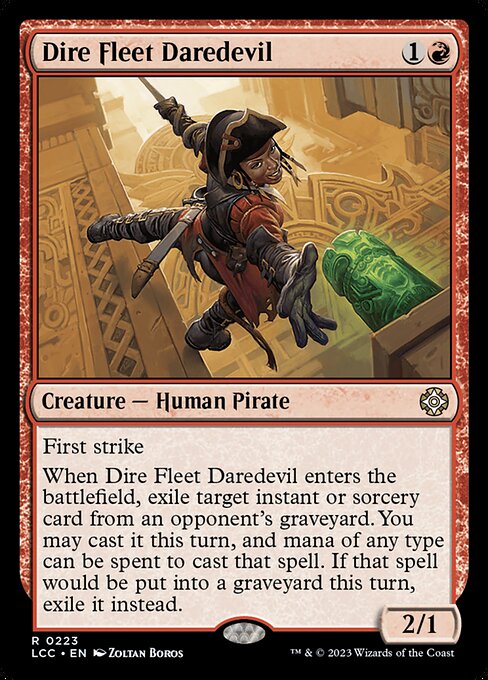First strike
When this creature enters, exile target instant or sorcery card from an opponent's graveyard. You may cast it this turn, and mana of any type can be spent to cast that spell. If that spell would be put into a graveyard, exile it instead.
