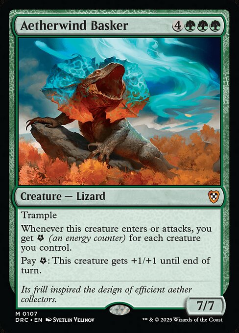 Trample
Whenever this creature enters or attacks, you get {E} (an energy counter) for each creature you control.
Pay {E}: this creature gets +1/+1 until end of turn.