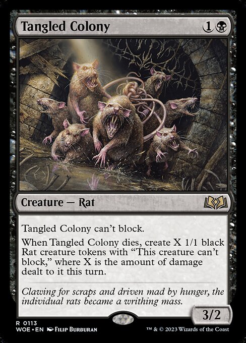 Tangled Colony can't block.
When Tangled Colony dies, create X 1/1 black Rat creature tokens with "This creature can't block," where X is the amount of damage dealt to it this turn.