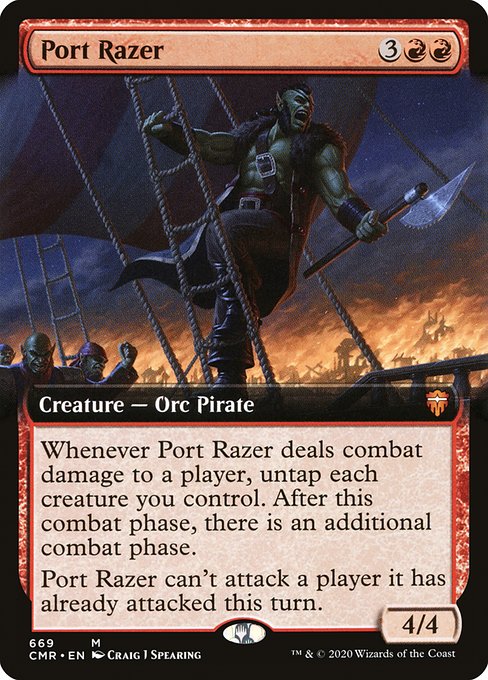 Whenever Port Razer deals combat damage to a player, untap each creature you control. After this phase, there is an additional combat phase.
Port Razer can't attack a player it has already attacked this turn.