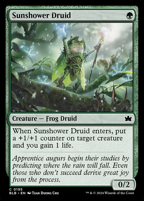 When Sunshower Druid enters, put a +1/+1 counter on target creature and you gain 1 life.