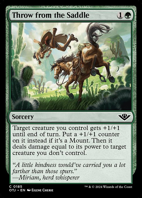 Target creature you control gets +1/+1 until end of turn. Put a +1/+1 counter on it instead if it's a Mount. Then it deals damage equal to its power to target creature you don't control.