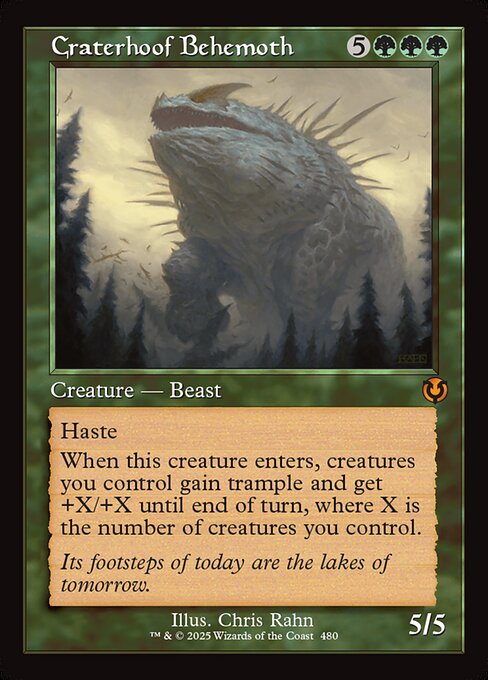 Haste
When this creature enters, creatures you control gain trample and get +X/+X until end of turn, where X is the number of creatures you control.