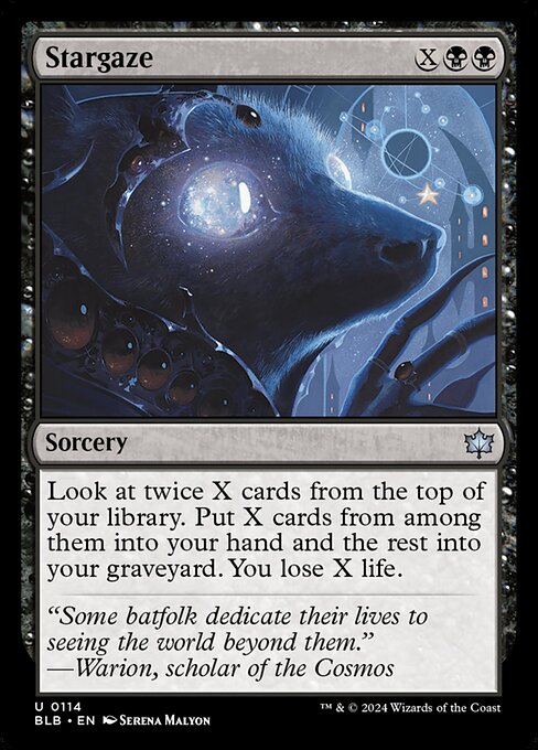 Look at twice X cards from the top of your library. Put X cards from among them into your hand and the rest into your graveyard. You lose X life.